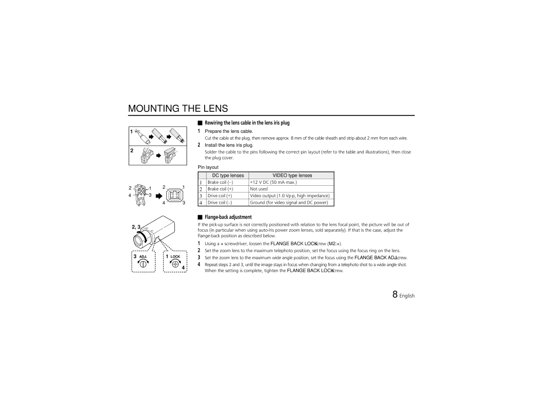 Sanyo VCC-6570P instruction manual Mounting the Lens, Rewiring the lens cable in the lens iris plug, Flange-back adjustment 