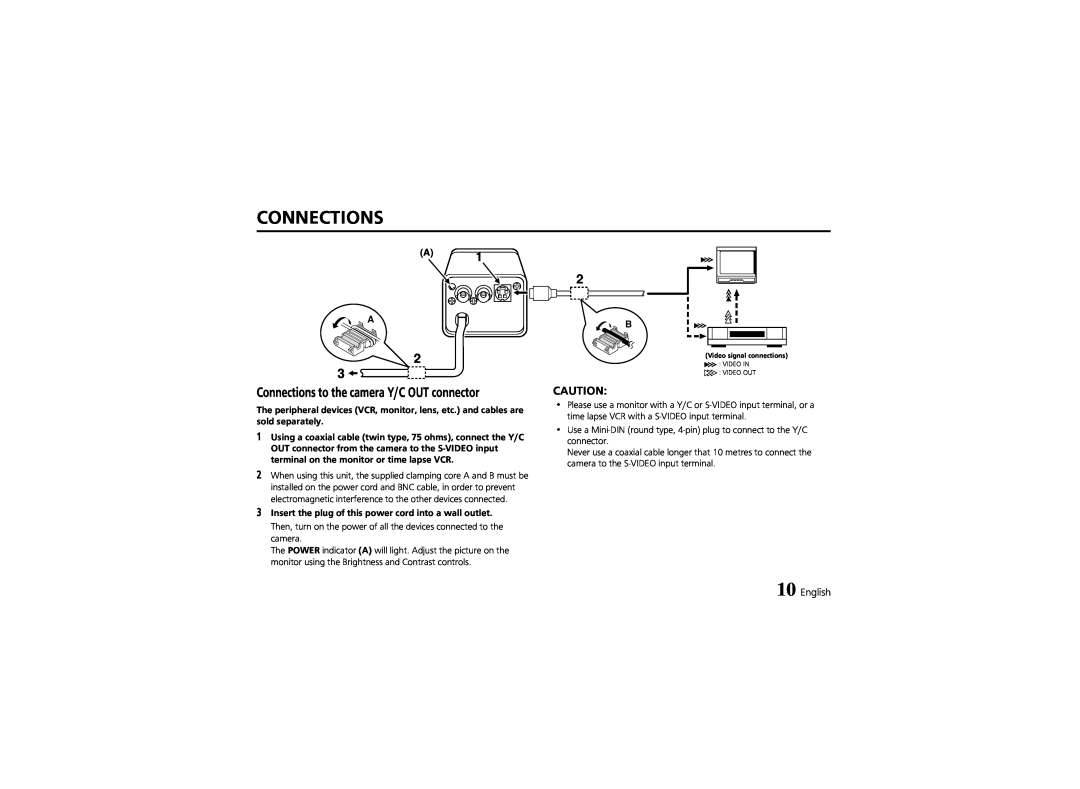 Sanyo VCC-6570P instruction manual Connections to the camera Y/C OUT connector, English, A1 A 