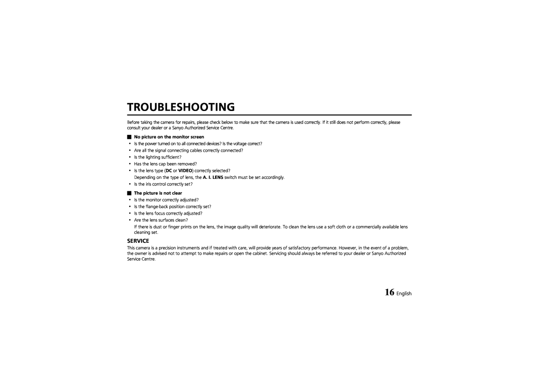 Sanyo VCC-6570P instruction manual Troubleshooting, Service, English 