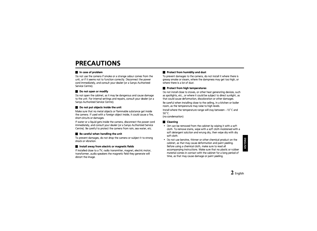 Sanyo VCC-6570P instruction manual Precautions, English 