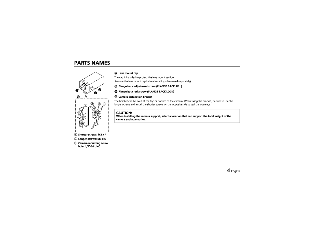 Sanyo VCC-6570P instruction manual Parts Names, English 
