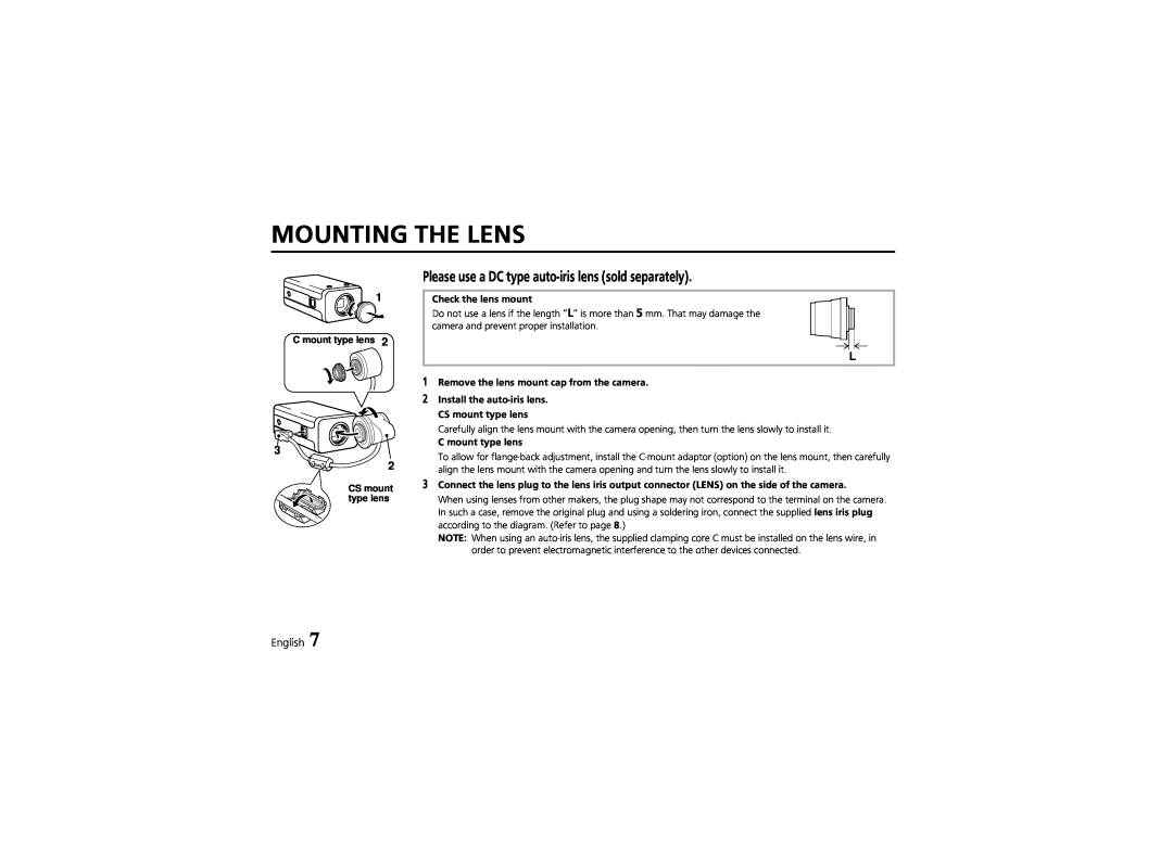 Sanyo VCC-6570P instruction manual Mounting The Lens, Please use a DC type auto-iris lens sold separately, English 