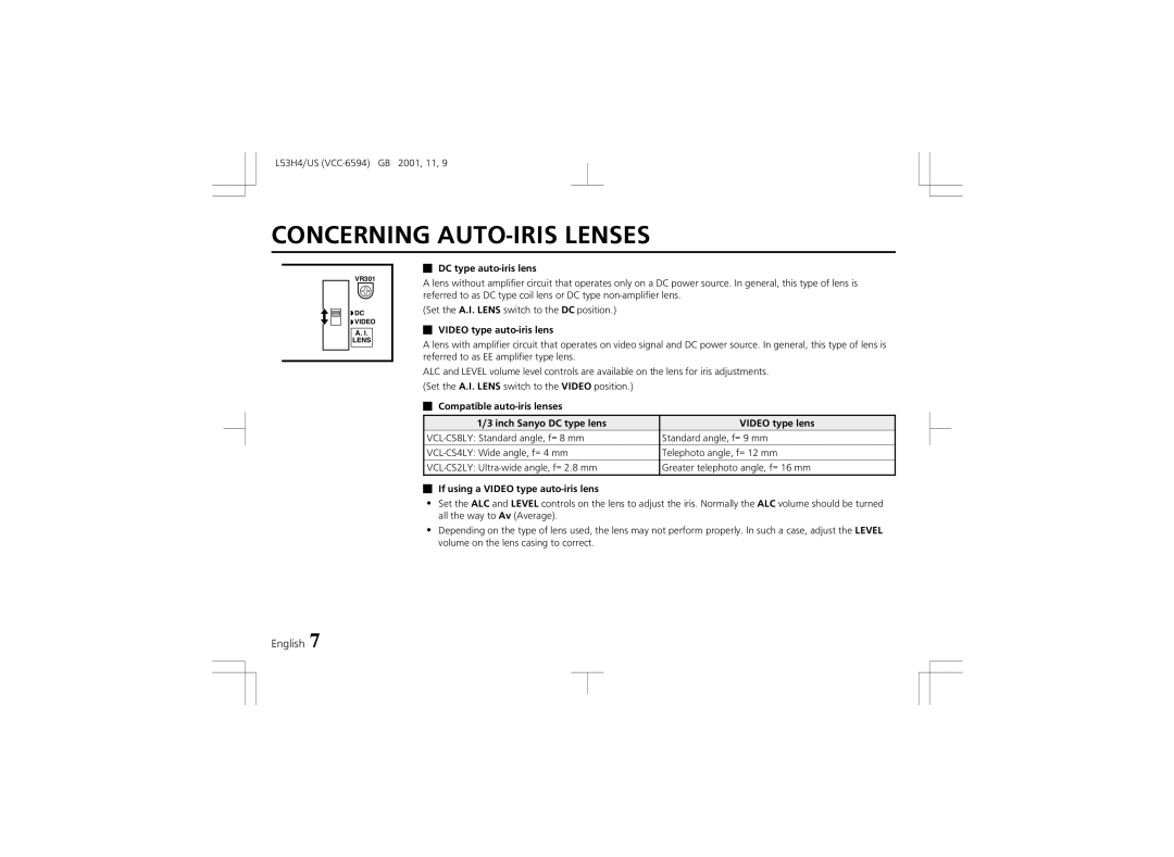 Sanyo VCC-6594 instruction manual Concerning AUTO-IRIS Lenses, DC type auto-iris lens, Video type auto-iris lens 