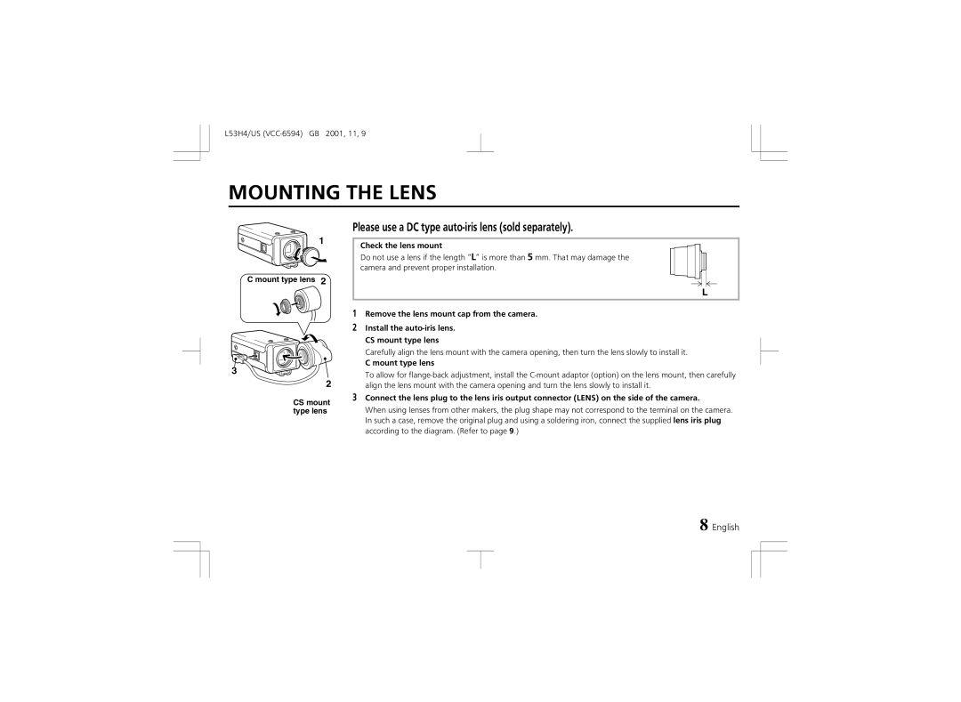 Sanyo VCC-6594 Mounting the Lens, Check the lens mount, Remove the lens mount cap from the camera, Mount type lens 