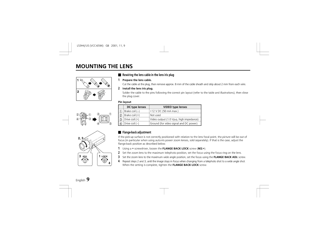 Sanyo VCC-6594 instruction manual Rewiring the lens cable in the lens iris plug, Flange-back adjustment 