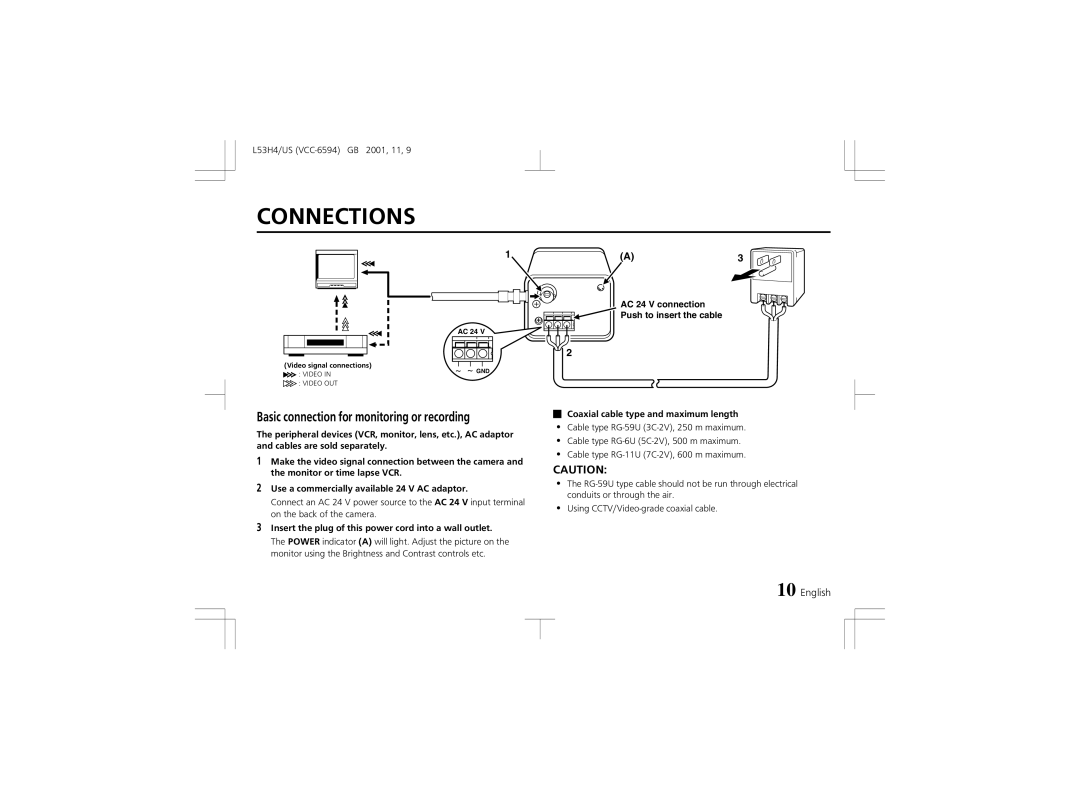 Sanyo VCC-6594 instruction manual Connections, Coaxial cable type and maximum length 