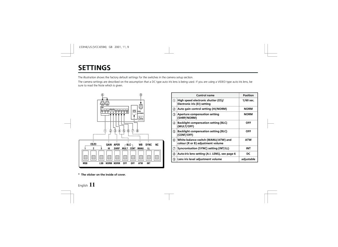 Sanyo VCC-6594 instruction manual Settings 