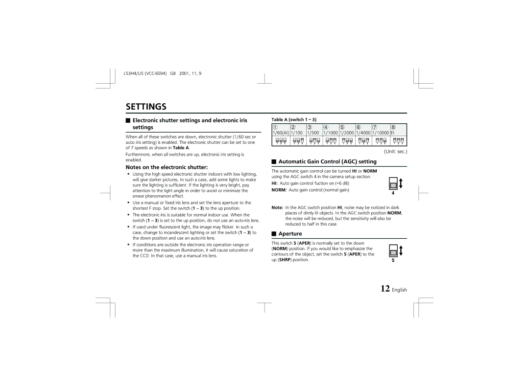 Sanyo VCC-6594 Electronic shutter settings and electronic iris settings, Automatic Gain Control AGC setting, Aperture 