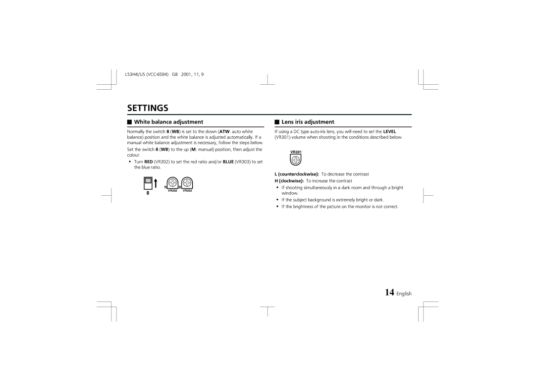 Sanyo VCC-6594 instruction manual White balance adjustment, Lens iris adjustment 