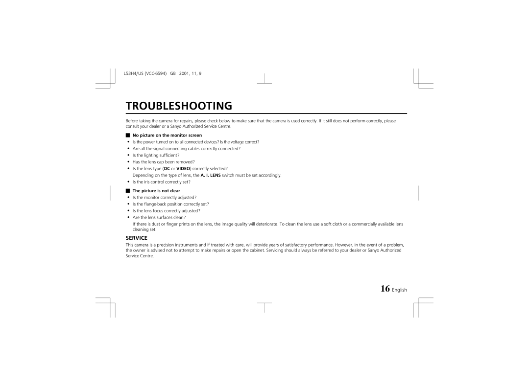 Sanyo VCC-6594 instruction manual Troubleshooting, No picture on the monitor screen, Picture is not clear 