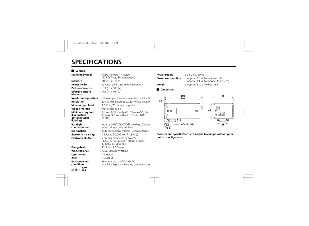 Sanyo VCC-6594 instruction manual Specifications 