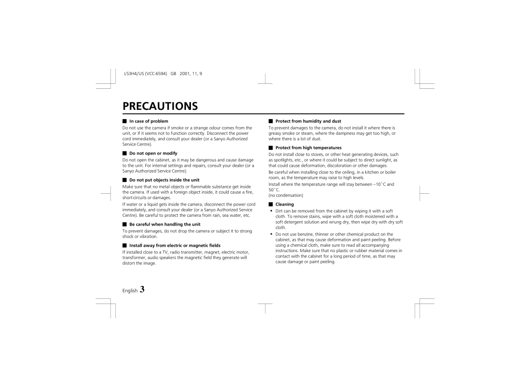 Sanyo VCC-6594 instruction manual Precautions 