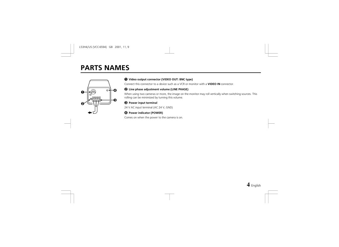 Sanyo VCC-6594 Parts Names, Video output connector Video OUT BNC type, Line phase adjustment volume Line Phase 