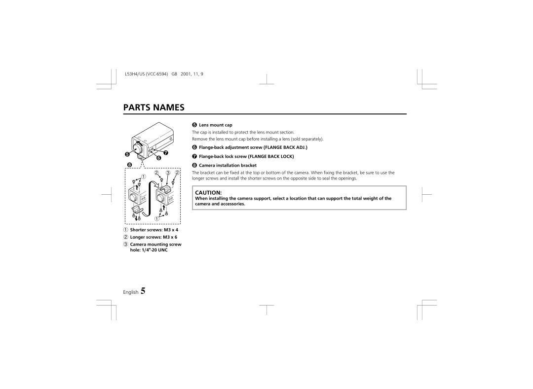 Sanyo VCC-6594 instruction manual Hole 1/4-20 UNC, Lens mount cap 