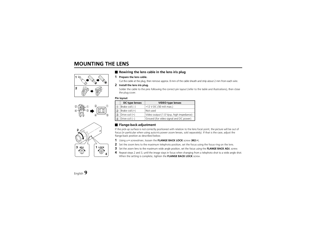 Sanyo VCC-6974 instruction manual Rewiring the lens cable in the lens iris plug, Flange-back adjustment 