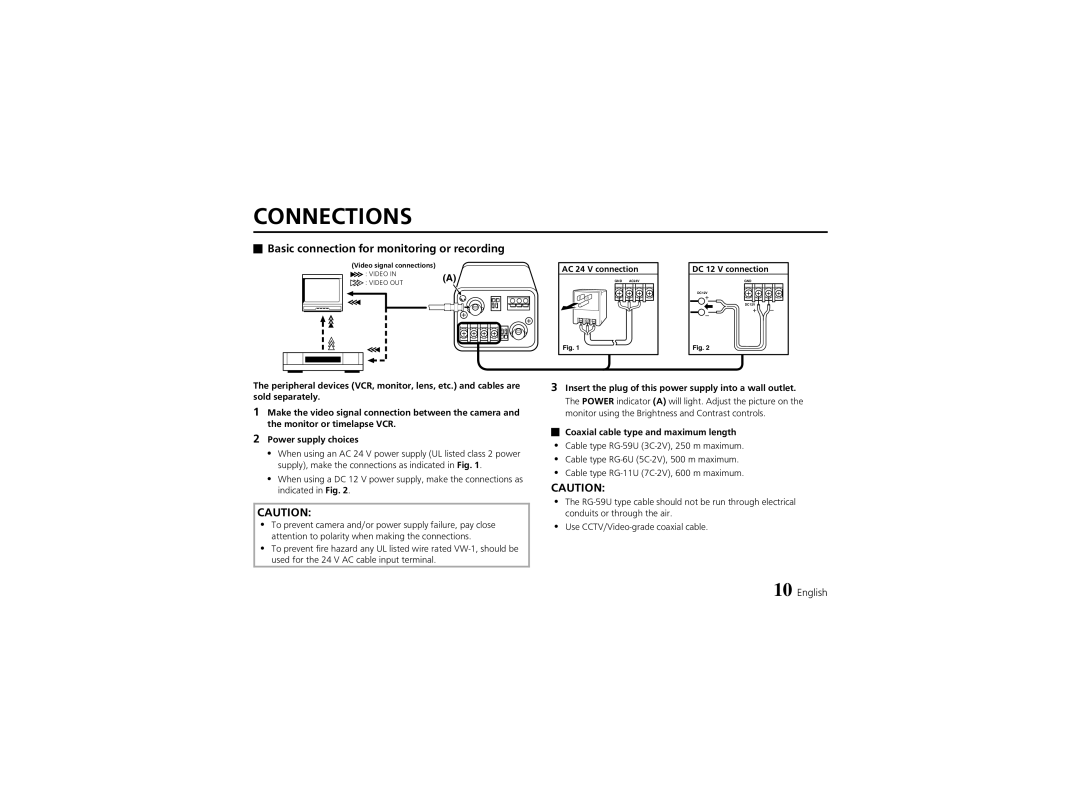 Sanyo VCC-6974 Connections, Basic connection for monitoring or recording, Coaxial cable type and maximum length 