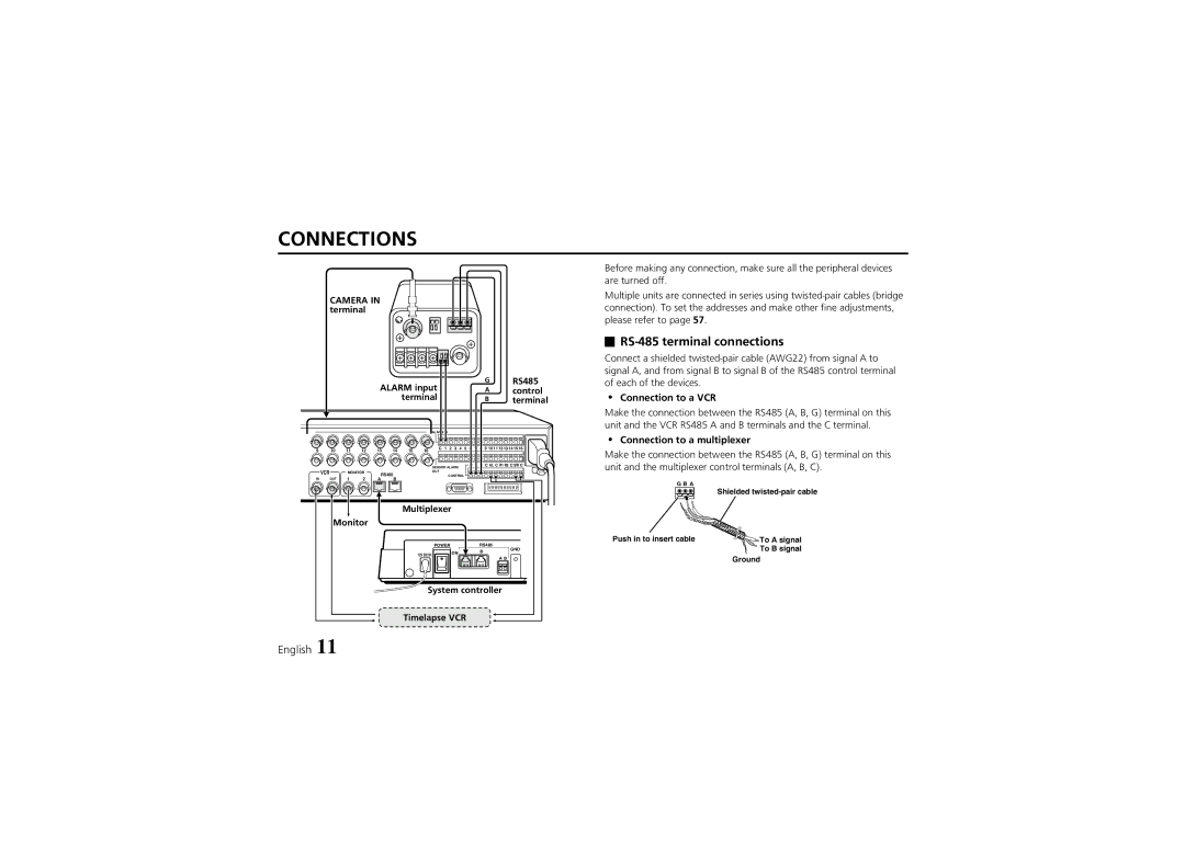 Sanyo VCC-6974 instruction manual RS-485 terminal connections, Connection to a VCR, Connection to a multiplexer 