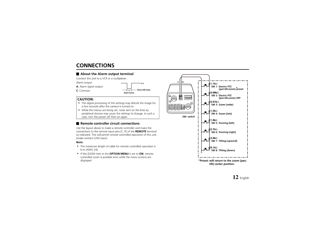 Sanyo VCC-6974 instruction manual About the Alarm output terminal, Remote controller circuit connections 