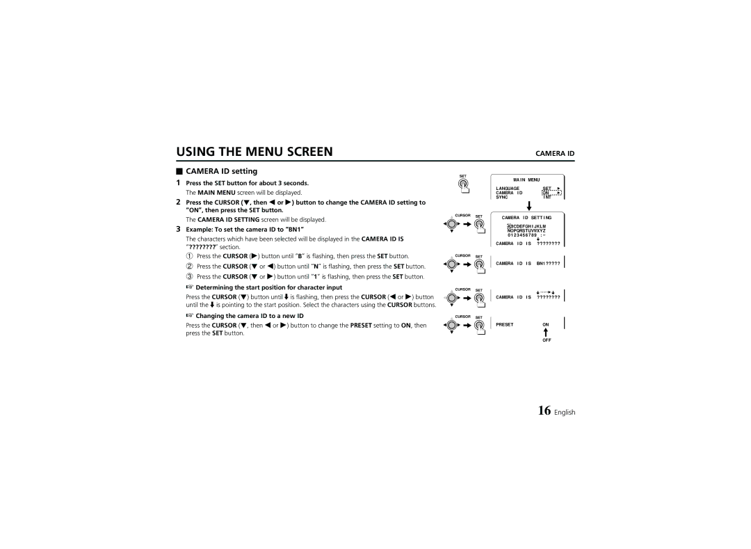 Sanyo VCC-6974 Camera ID setting, Example To set the camera ID to BN1, Determining the start position for character input 
