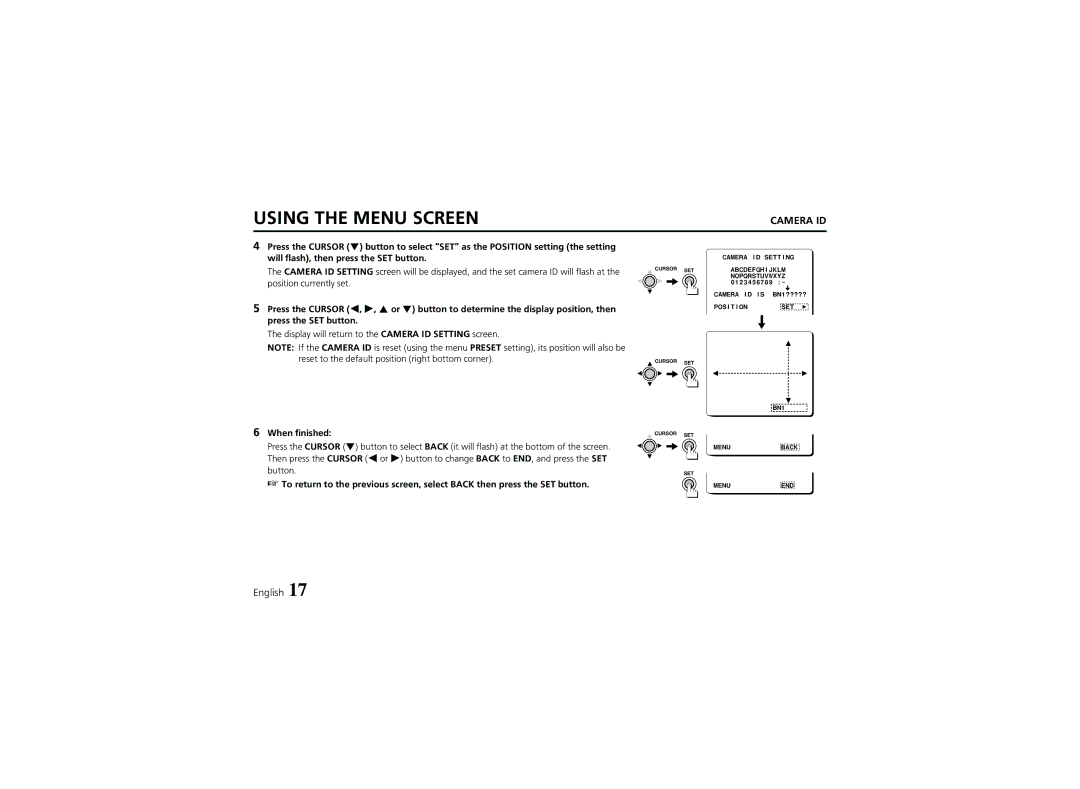 Sanyo VCC-6974 instruction manual Display will return to the Camera ID Setting screen 