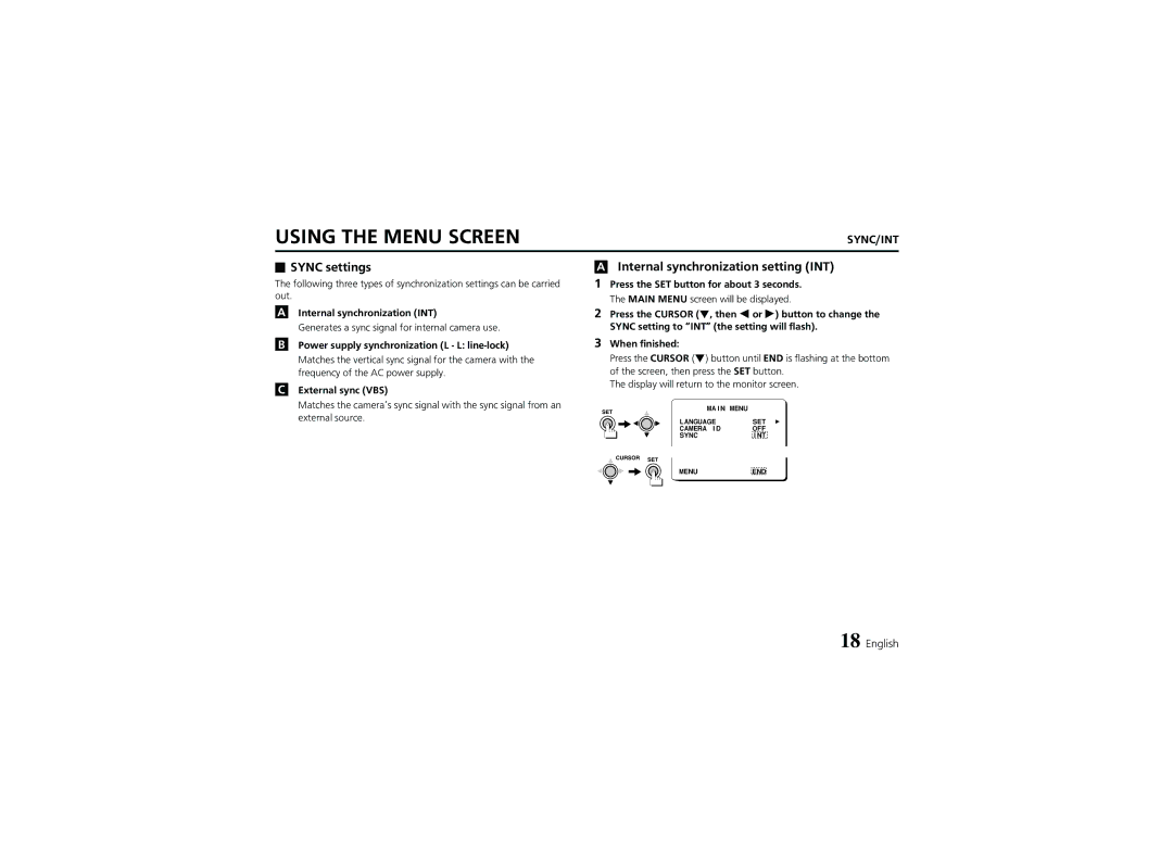 Sanyo VCC-6974 instruction manual Sync settings, Internal synchronization INT, External sync VBS 