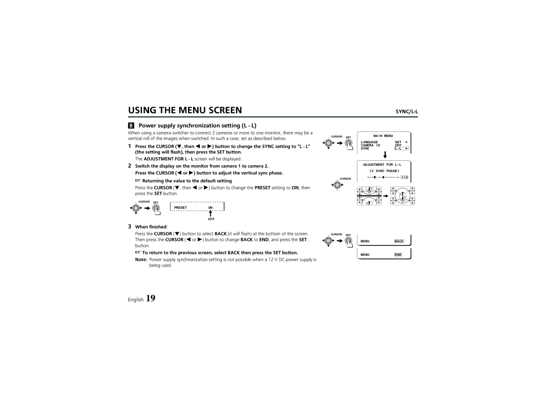 Sanyo VCC-6974 instruction manual Power supply synchronization setting L L 