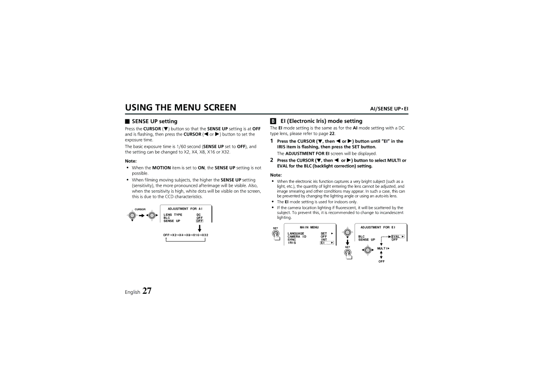 Sanyo VCC-6974 Sense UP setting, EI Electronic Iris mode setting, Press the Cursor l, then d or c button until EI 