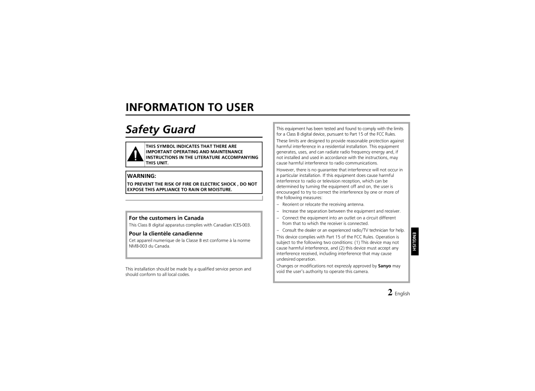 Sanyo VCC-6974 instruction manual Information to User, For the customers in Canada, Pour la clientèle canadienne 