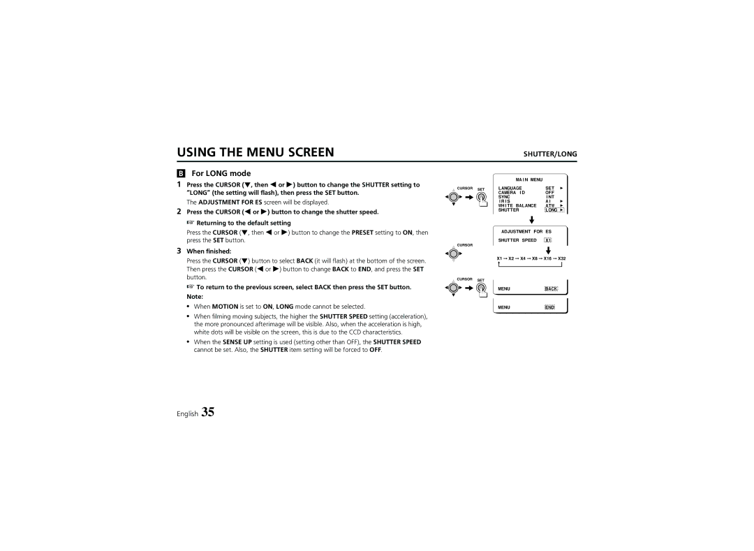 Sanyo VCC-6974 instruction manual For Long mode, When Motion is set to ON, Long mode cannot be selected 