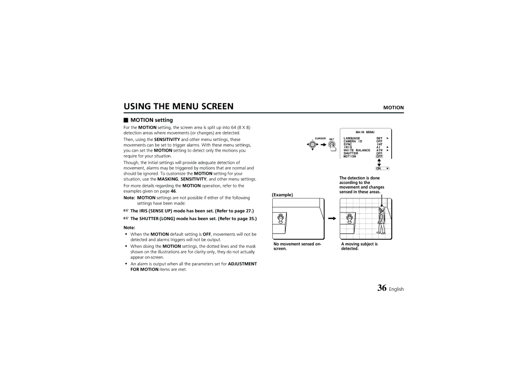 Sanyo VCC-6974 instruction manual Motion setting, Iris Sense UP mode has been set. Refer to, Example 