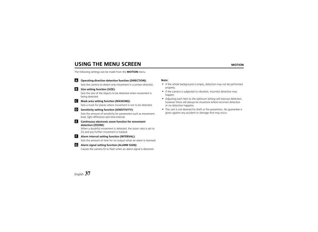 Sanyo VCC-6974 instruction manual Operating direction detection function Direction, Size setting function Size 