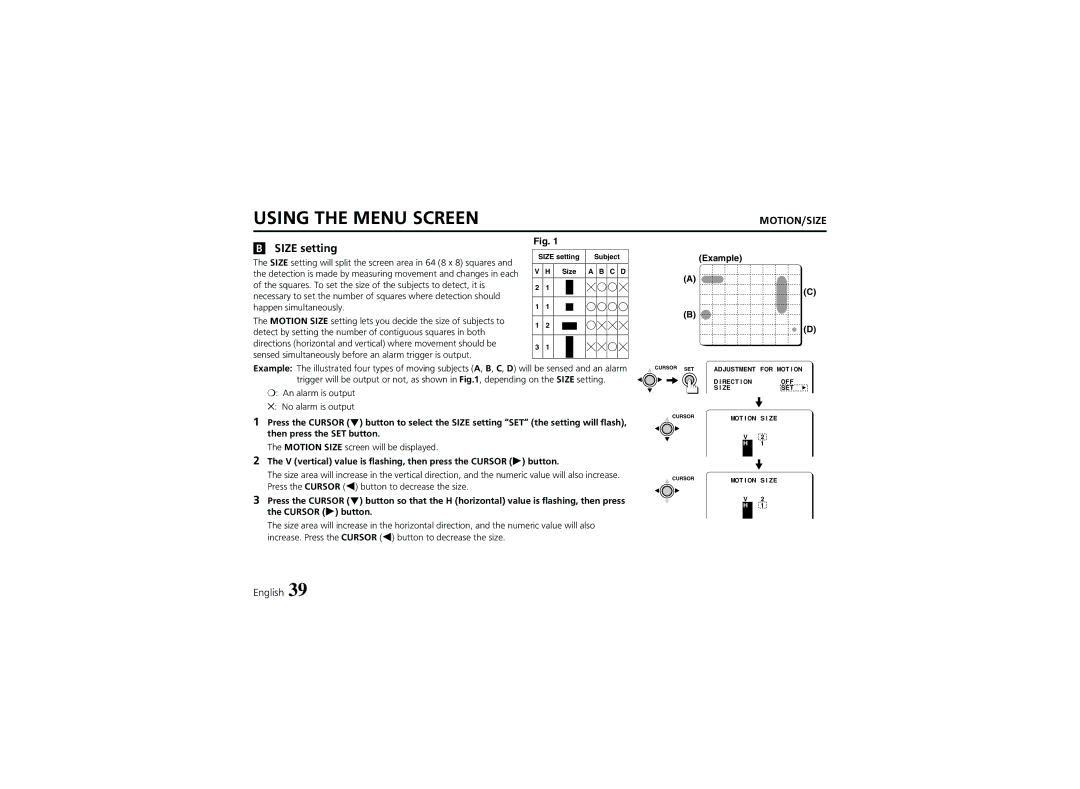 Sanyo VCC-6974 instruction manual Size setting, V vertical value is flashing, then press the Cursor c button 