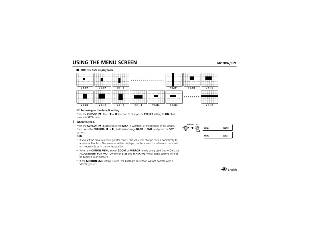 Sanyo VCC-6974 instruction manual Motion Size display table Returning to the default setting, When finished 