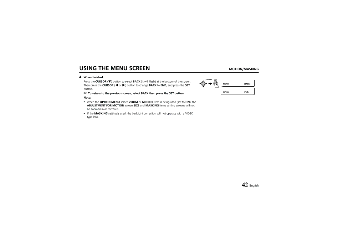 Sanyo VCC-6974 instruction manual Menu Back END 