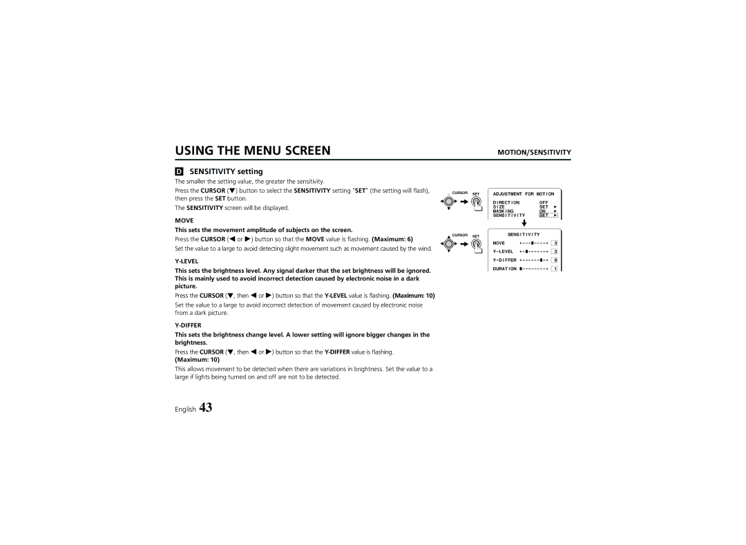 Sanyo VCC-6974 instruction manual Sensitivity setting, This sets the movement amplitude of subjects on the screen, Maximum 