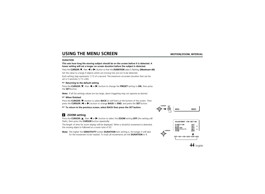 Sanyo VCC-6974 instruction manual Zoom setting, MOTION/ZOOM, Interval 