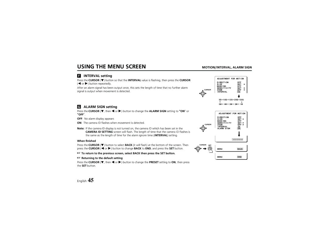 Sanyo VCC-6974 instruction manual Interval setting, Alarm Sign setting 