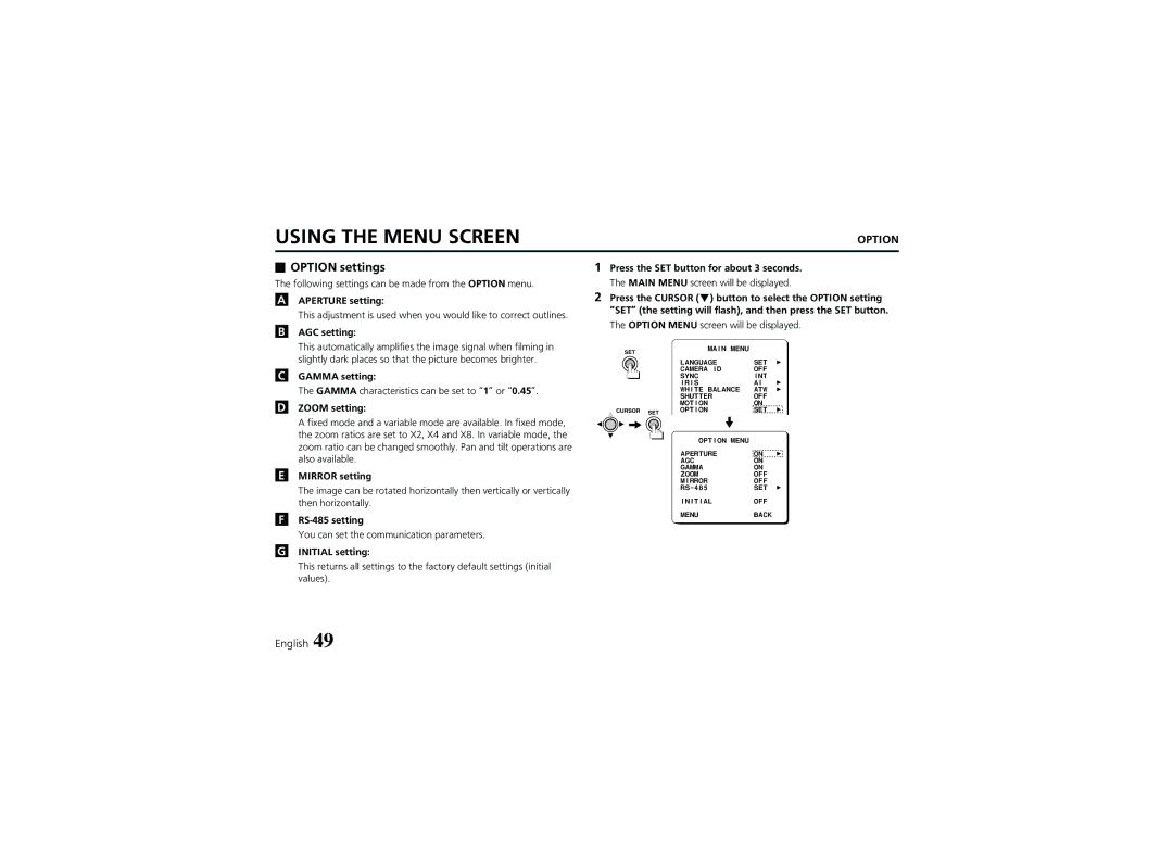 Sanyo VCC-6974 instruction manual Option settings 