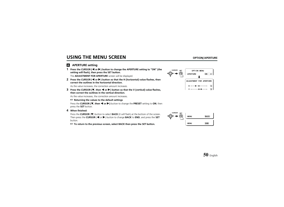 Sanyo VCC-6974 instruction manual Aperture setting, Returning the values to the default settings 