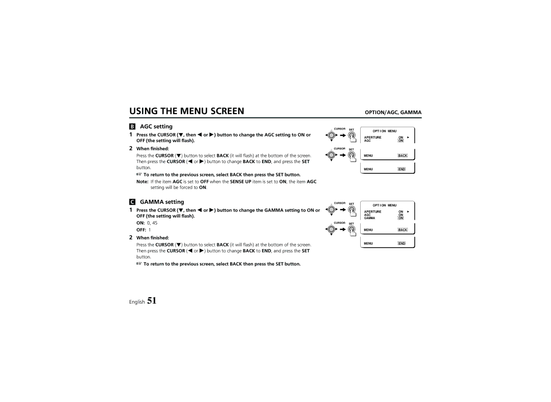 Sanyo VCC-6974 instruction manual AGC setting, Gamma setting 