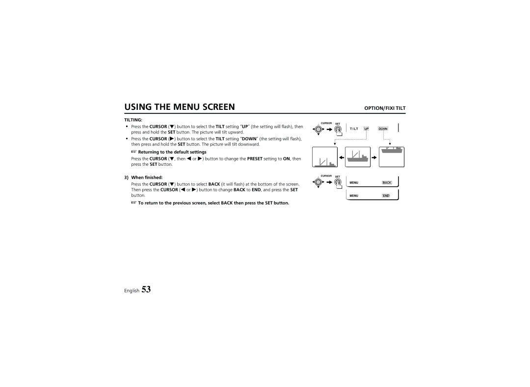 Sanyo VCC-6974 instruction manual OPTION/FIXI Tilt, Returning to the default settings 