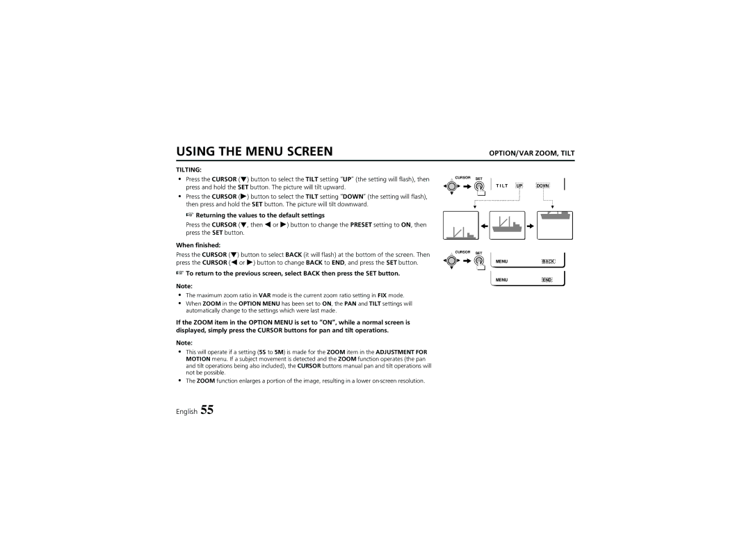 Sanyo VCC-6974 instruction manual OPTION/VAR ZOOM, Tilt 