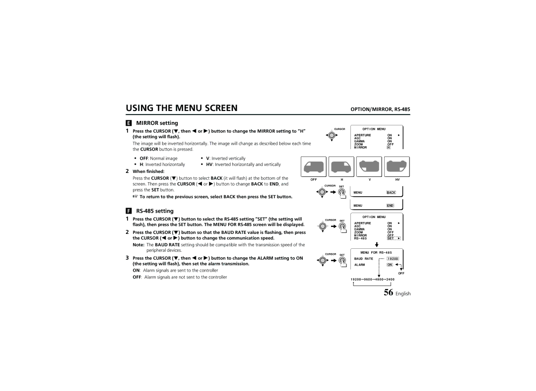 Sanyo VCC-6974 instruction manual Mirror setting, RS-485 setting 