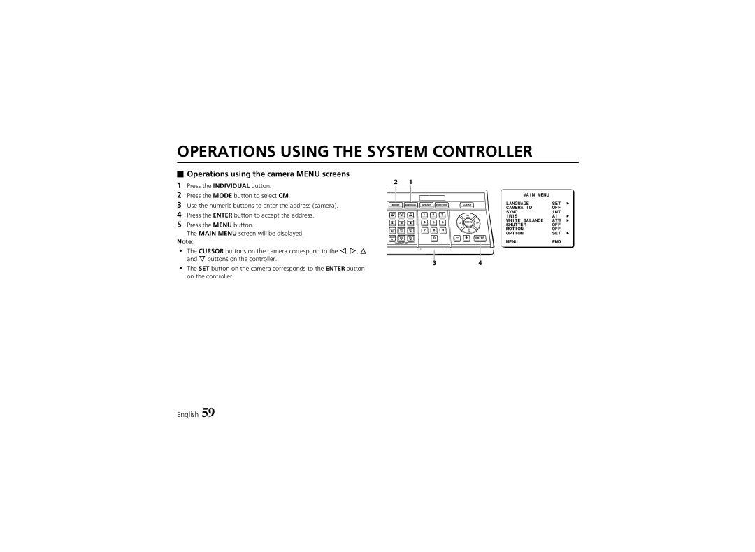 Sanyo VCC-6974 instruction manual Operations Using the System Controller, Operations using the camera Menu screens 