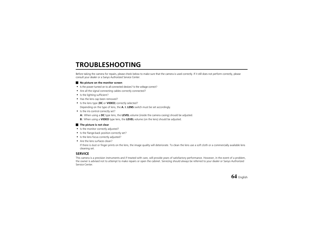 Sanyo VCC-6974 instruction manual Troubleshooting, No picture on the monitor screen, Picture is not clear 