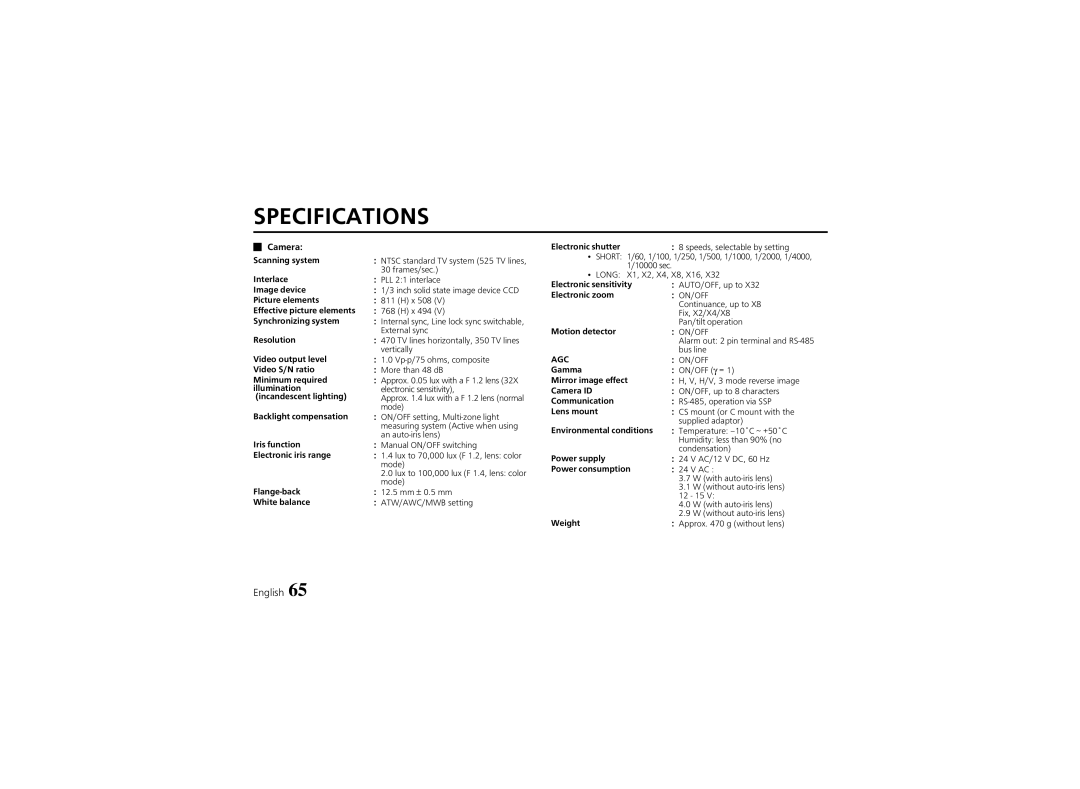 Sanyo VCC-6974 instruction manual Specifications, Camera 