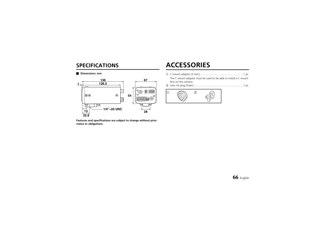 Sanyo VCC-6974 instruction manual Accessories, Dimensions mm 