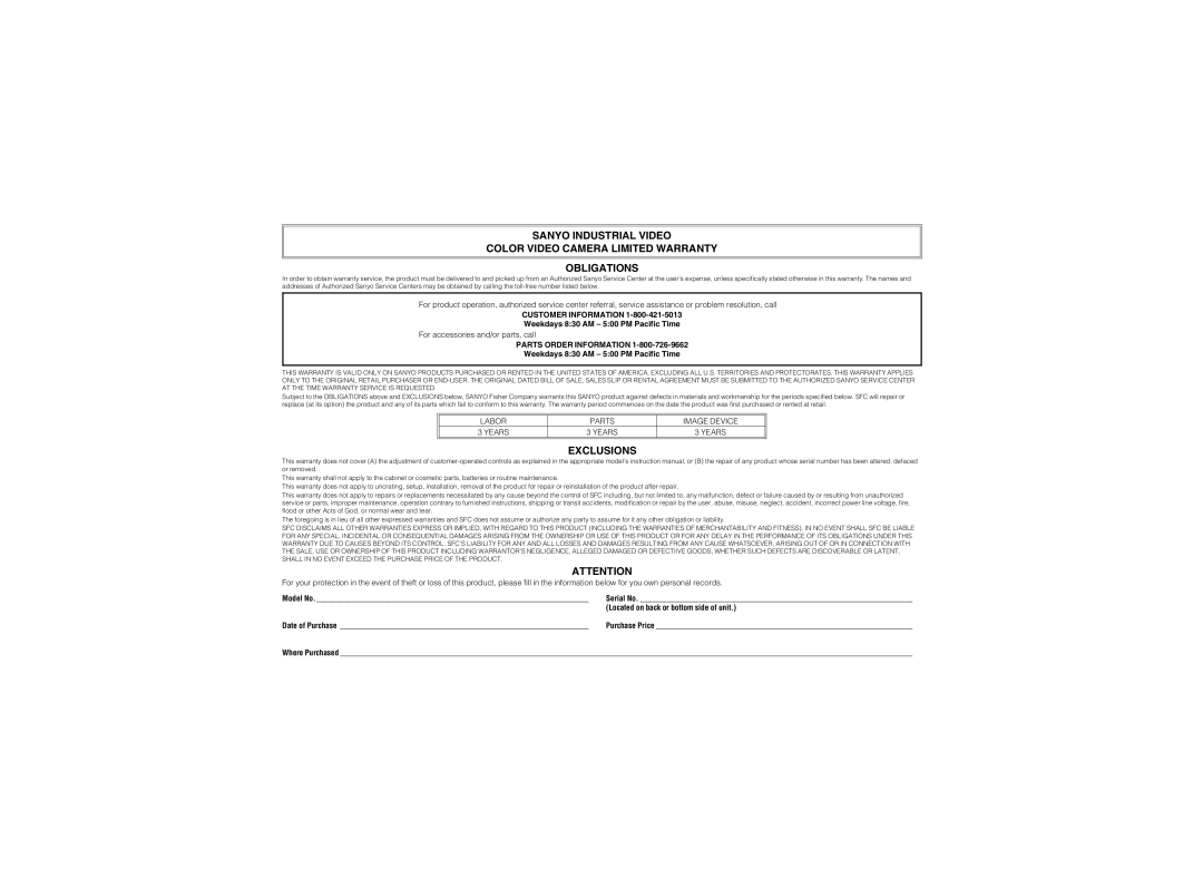 Sanyo VCC-6974 instruction manual Exclusions 