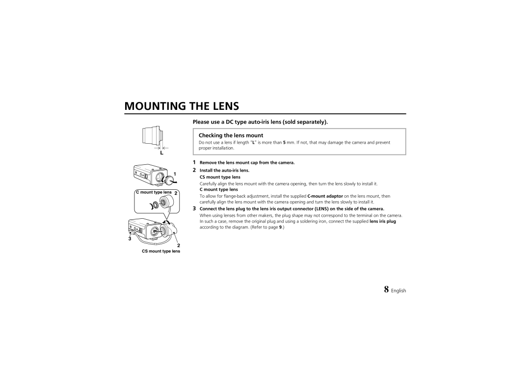 Sanyo VCC-6974 instruction manual Mounting the Lens, Remove the lens mount cap from the camera, Mount type lens 