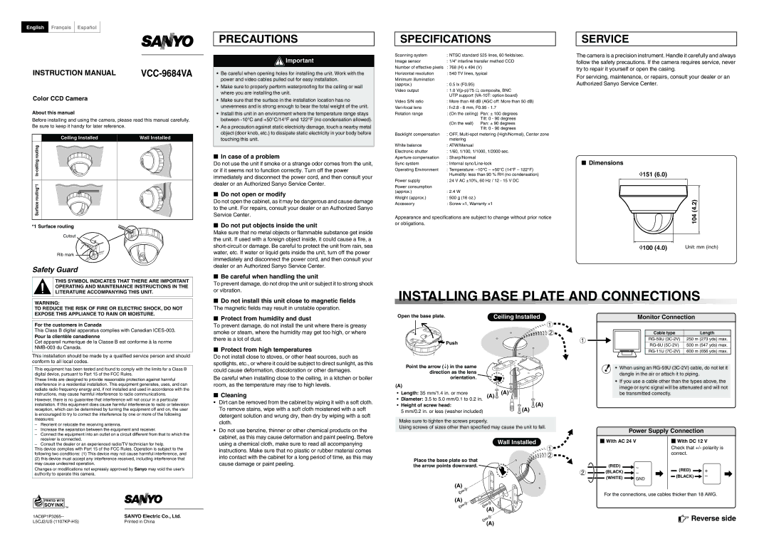 Sanyo VCC-9684VA instruction manual Color CCD Camera, Case of a problem, Do not open or modify, Dimensions Φ151 104 Φ100 